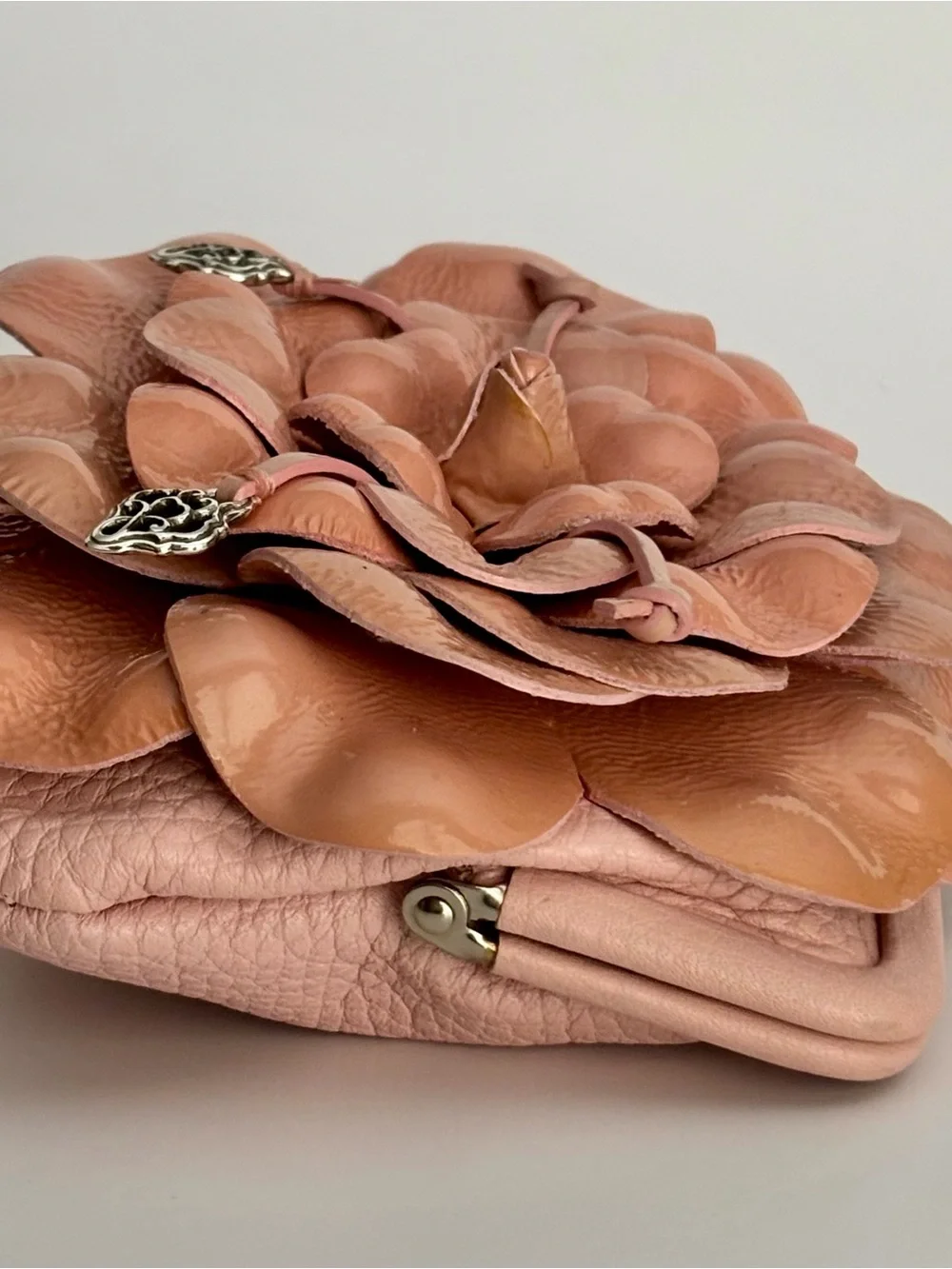 Brighton Pink Leather Floral Appliqué Mini Kiss Lock Bag